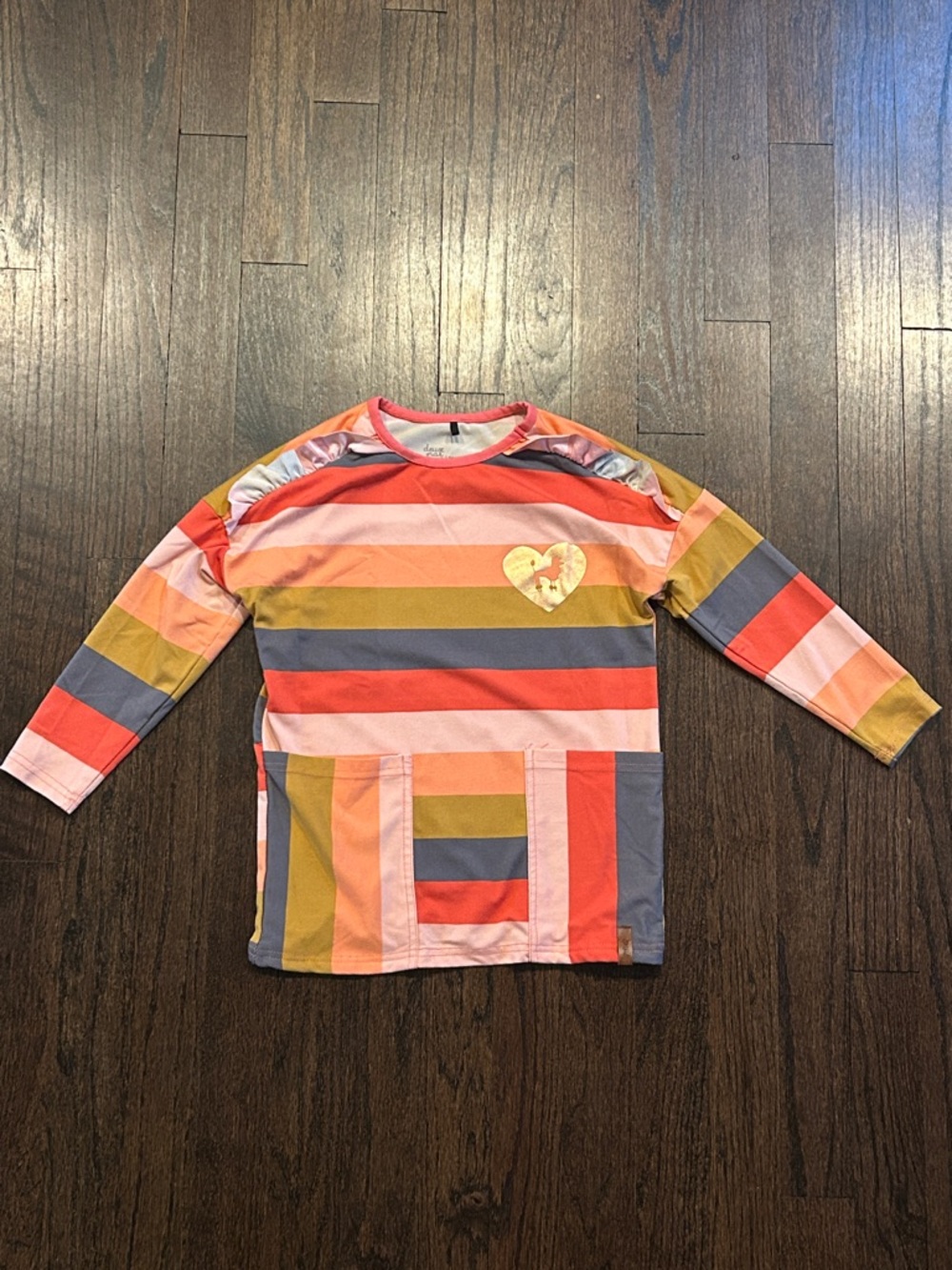 Deux Par Deux Girls Multicolor Striped Long Sleeve Top with Heart Patch Size 4